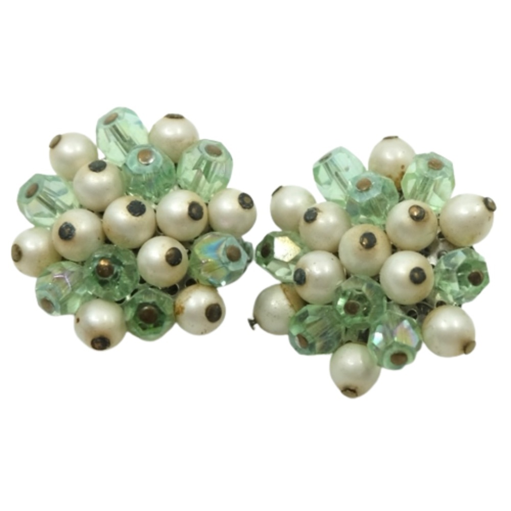 VINTAGE 1940s JAPAN signed Pastel Green Faux Pearl & Crystal Clip On Earrings
